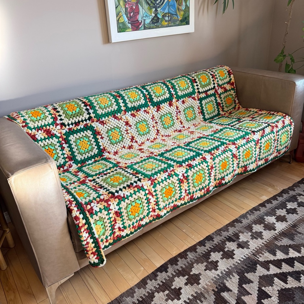 Handmade Granny Square Blanket Green Yellow  Boho Decor Knit  75" x 56"